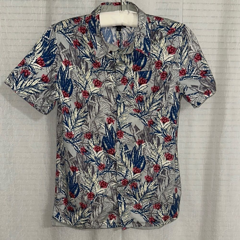 art class 12-14 Boys Gray Multi Short Sleeve Cotton Hawaiian Floral Shirt